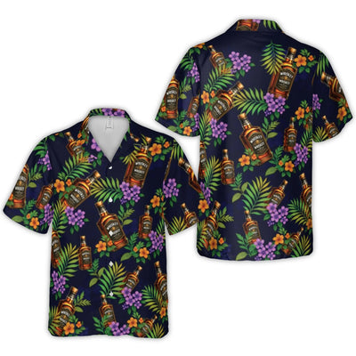 Whiskey Hawaiian Shirt | Tropical Floral & Bourbon Bottle Print | Premium Woven Polyester | Fun Vacation Gift for Men