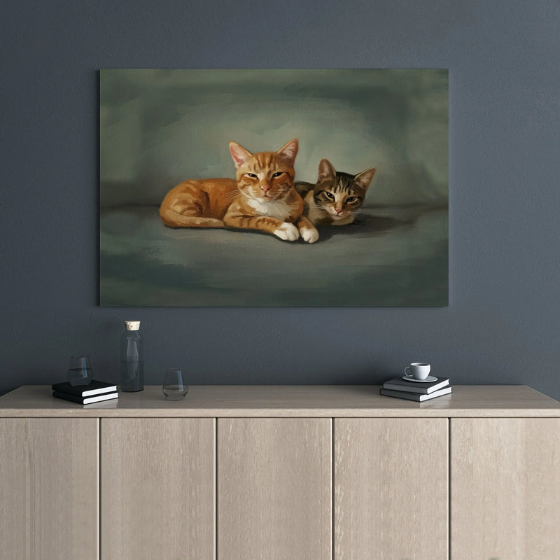 Two Cats Painting Canvas Wall Art | Orange and Brown Tabby Portrait | Premium Gallery Wrap Decor | Gift for Cat Lovers and Pet Owners