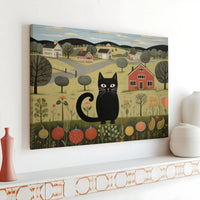 Folk Art Black Cat Canvas Print | Whimsical Rural Landscape Wall Decor | 1.25" Gallery Wrap | Premium Farmhouse Artwork for Cat Lovers