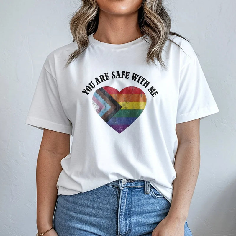 You Are Safe With Me T-Shirt | LGBTQ Progress Pride Heart Graphic | Soft Premium Cotton Tee | Social Justice Activist Pride Month Gift