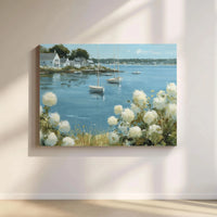 Coastal Harbor Sailboat Canvas Print | Impasto Hydrangea Landscape Art | 1.25 Inch Gallery Wrap | Premium Nautical Wall Decor