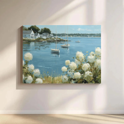 Coastal Harbor Sailboat Canvas Print | Impasto Hydrangea Landscape Art | 1.25 Inch Gallery Wrap | Premium Nautical Wall Decor