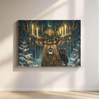 Christmas Stag Canvas Print | Whimsical Deer With Candles And Black Cat | Premium Gallery Wrapped Wall Art | Festive Winter Home Decor Gift