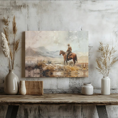 Western Cowboy Painting Canvas | Horseback Mountain Landscape Art | Premium Gallery Wrap Print | Rustic Home Decor Gift for Him