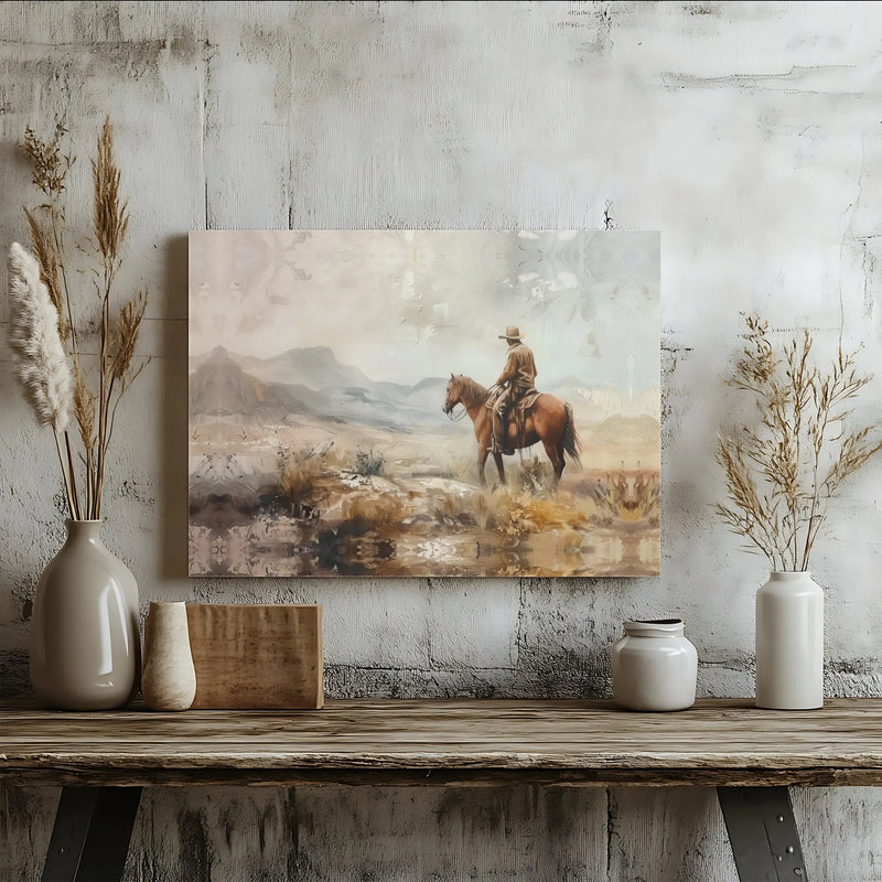 Western Cowboy Painting Canvas | Horseback Mountain Landscape Art | Premium Gallery Wrap Print | Rustic Home Decor Gift for Him