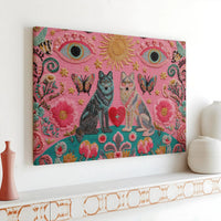 Two Wolves Wall Art | Bohemian Spiritual Heart & Evil Eye Decor | Premium Gallery Wrap Canvas | Unique Gift For Nature Lovers