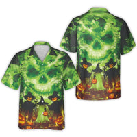Halloween Hawaiian Shirt | Spooky Green Skull & Jack O' Lantern Print | Breathable Woven Polyester | Fun Men's Gift for October Holiday Parties