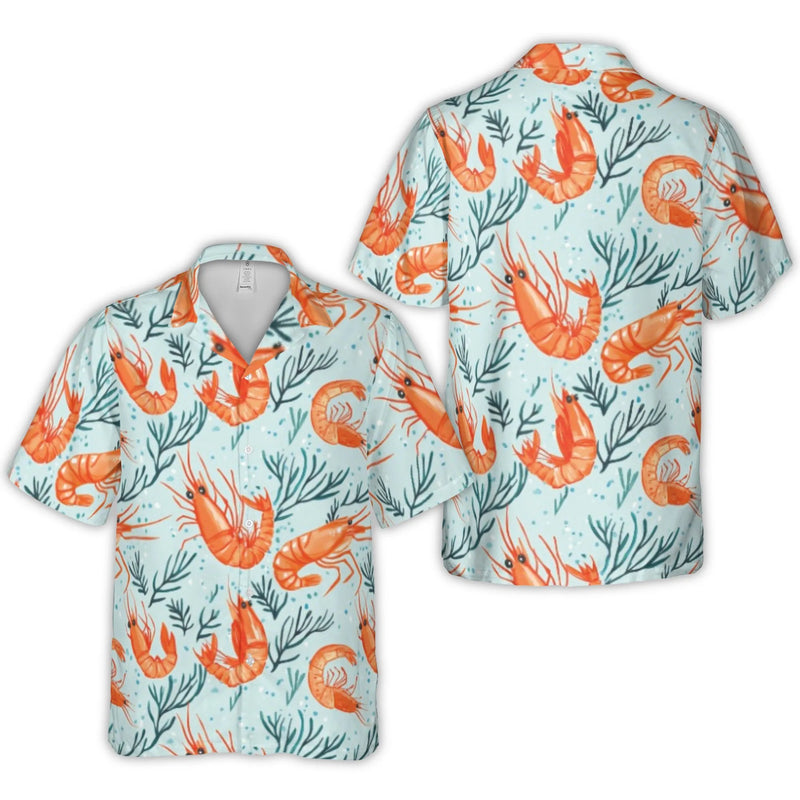 Shrimp Print Hawaiian Shirt | Tropical Seafood Beach Button Down | Lightweight Woven Polyester | Fun Summer Vacation Gift for Men