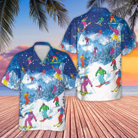 Skiing Hawaiian Shirt | Retro Snowboarder Winter Mountain Print | Premium Woven Polyester | Unique Gift for Skiers and Winter Sports Lovers