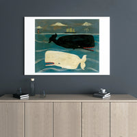 Whale Wall Art Canvas | Folk Art Black and White Sperm Whale Nautical Print | Premium 1.25 Inch Gallery Wrap | Coastal Home Decor for Ocean Lovers