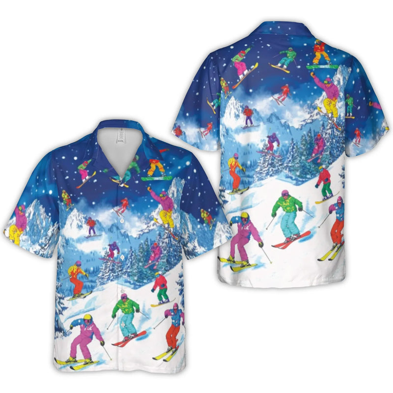 Skiing Hawaiian Shirt | Retro Snowboarder Winter Mountain Print | Premium Woven Polyester | Unique Gift for Skiers and Winter Sports Lovers