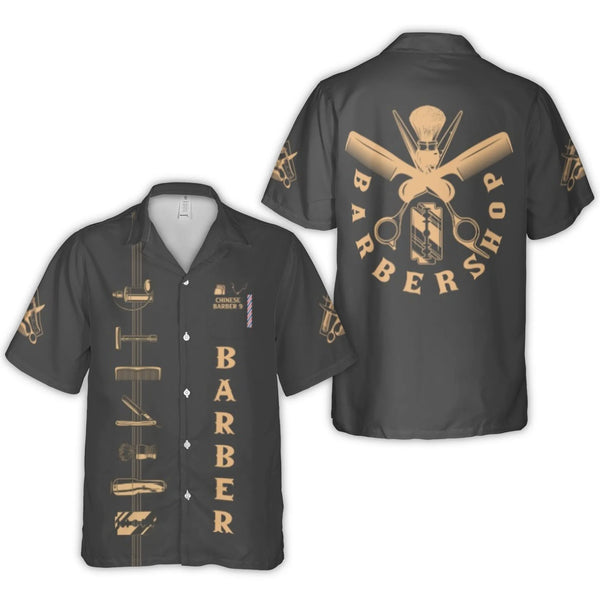 Barber Shop Hawaiian Shirt | Vintage Barber Tools Print | Durable Woven Polyester | Perfect Gift for Barbers and Hair Stylist