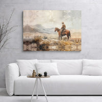 Western Cowboy Painting Canvas | Horseback Mountain Landscape Art | Premium Gallery Wrap Print | Rustic Home Decor Gift for Him