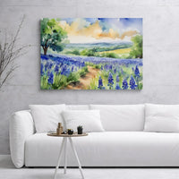 Bluebonnet Flower Field Canvas Print | Watercolor Texas Landscape Art | 1.25” Gallery Wrap | Premium Nature Wall Decor for Home Office