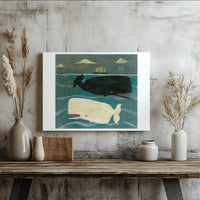 Whale Wall Art Canvas | Folk Art Black and White Sperm Whale Nautical Print | Premium 1.25 Inch Gallery Wrap | Coastal Home Decor for Ocean Lovers