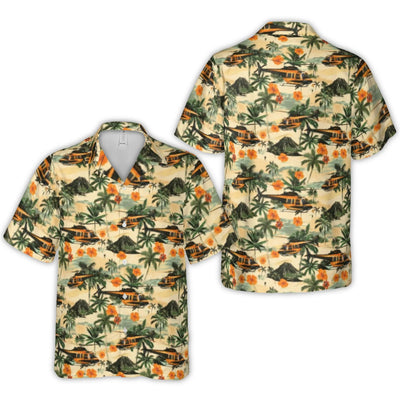 Helicopter Hawaiian Shirt | Tropical Volcano & Palm Tree Print | Premium Lightweight Polyester | Vacation Gift For Pilot And Aviation Lover