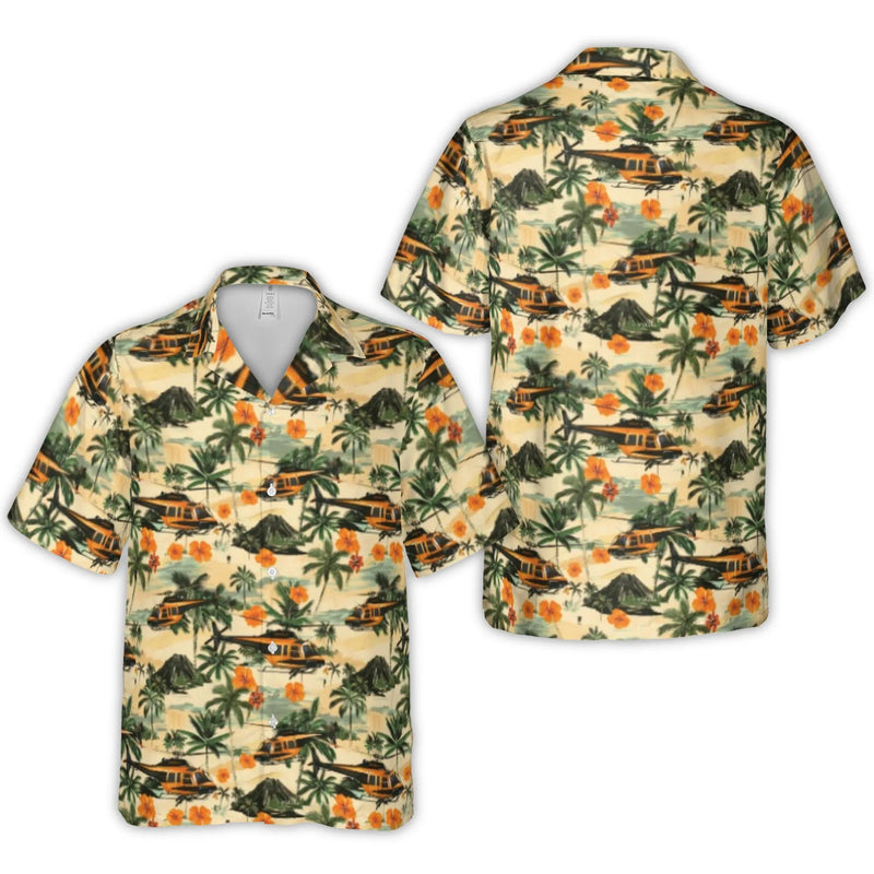 Helicopter Hawaiian Shirt | Tropical Volcano & Palm Tree Print | Premium Lightweight Polyester | Vacation Gift For Pilot And Aviation Lover