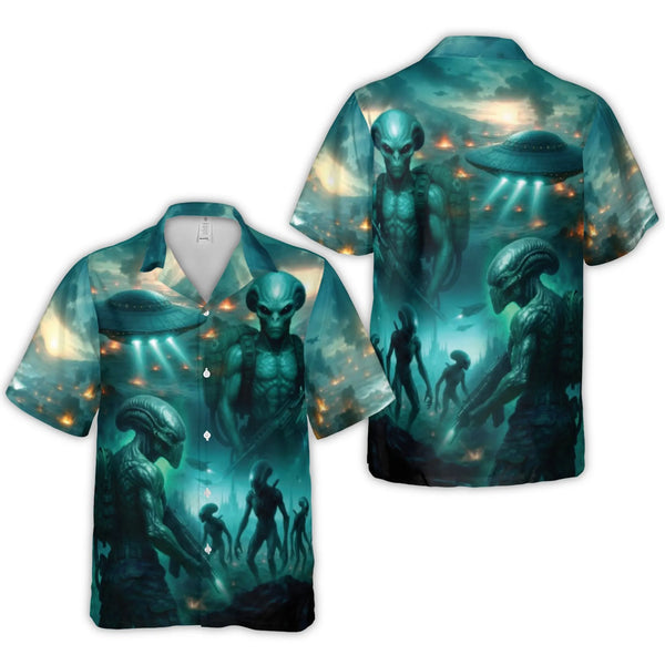 Alien Invasion Hawaiian Shirt | Sci-Fi UFO Battle Print | Lightweight Woven Polyester | Unique Gift for Sci-Fi Fans and UFO E