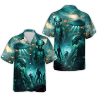 Alien Invasion Hawaiian Shirt | Sci-Fi UFO Battle Print | Lightweight Woven Polyester | Unique Gift for Sci-Fi Fans and UFO Enthusiasts