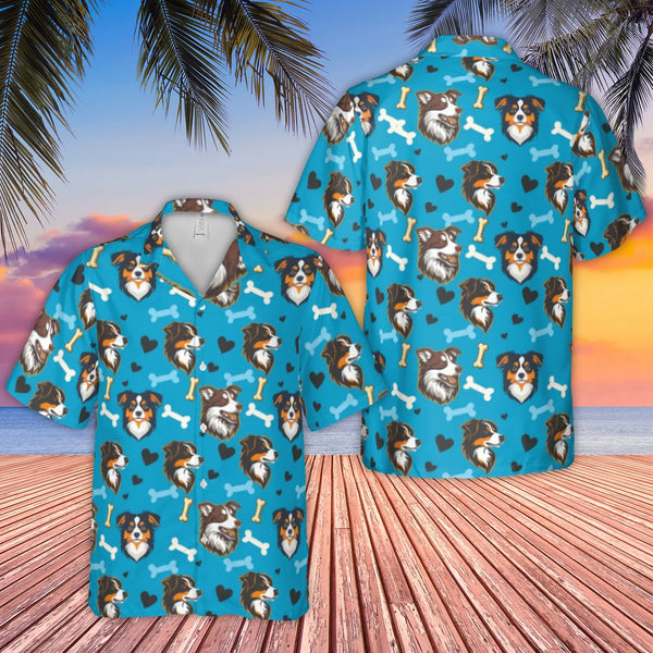 Australian Shepherd Hawaiian Shirt | Dog Breed Pattern with Bones and Hearts | Breathable Polyester | Premium Gift for Aussie