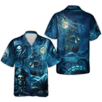 Pirate Skull Hawaiian Shirt | Kraken Stormy Sea Graphic Print | Lightweight Woven Polyester | Unique Summer Beach Gift for Men