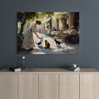 European Cafe Cat Painting | Impressionist Woman Feeding Kittens Art | Premium Gallery Wrap Canvas | Gift for Cat Lovers & Home Decor