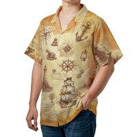 Pirate Treasure Map Hawaiian Shirt | Vintage Nautical Print Ship & Compass Design | Breathable Polyester Fabric | Unique Summer Gift for Men