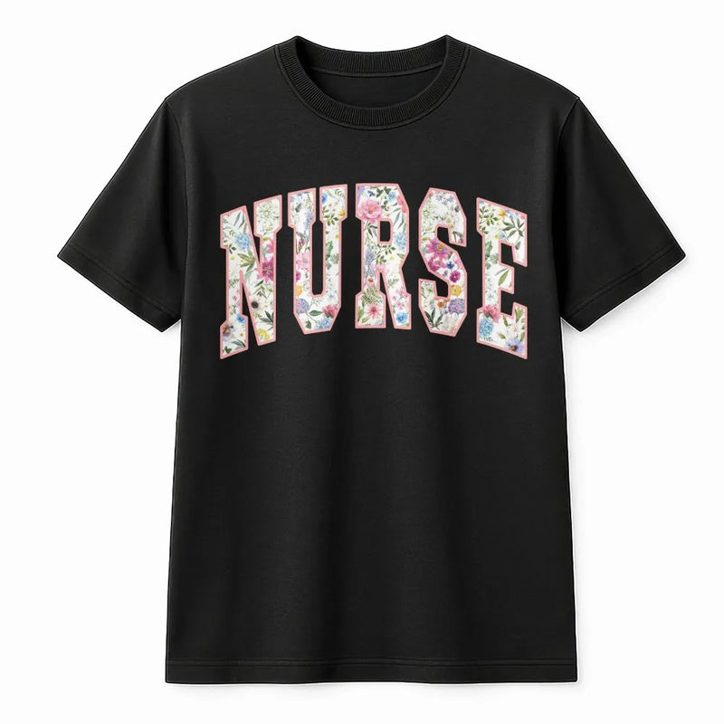 Floral Nurse T-Shirt | Botanical Varsity Letter Design | Premium 100% Cotton | Appreciation Gift for Registered Nurses & Nursing Students