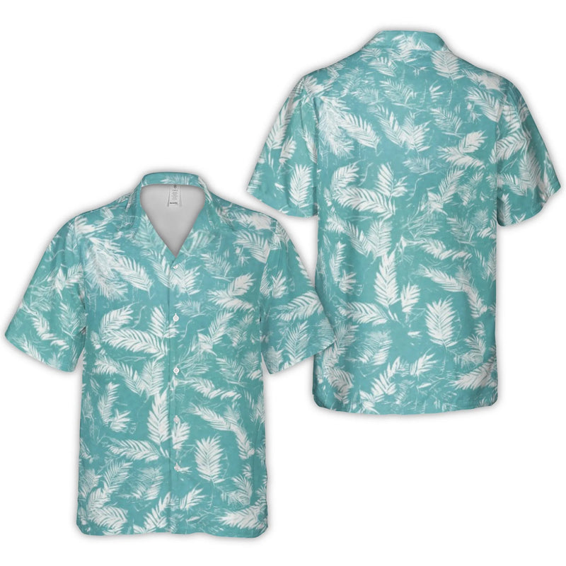 Teal Tropical Palm Leaf Hawaiian Shirt | Cuban Collar Summer Vacation Print | Lightweight Woven Polyester | Trendy Beachwear For Men