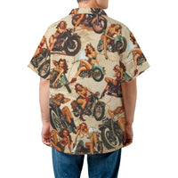 Vintage Biker Pin-Up Hawaiian Shirt | Retro Motorcycle Graphic Print | Durable Woven Polyester | Fun Gift for Motorcycle Enthusiasts