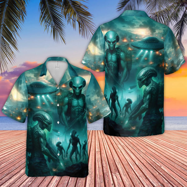 Alien Invasion Hawaiian Shirt | Sci-Fi UFO Battle Print | Lightweight Woven Polyester | Unique Gift for Sci-Fi Fans and UFO E