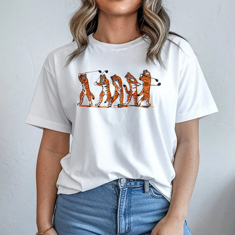 Tiger Golf Swing Graphic T-Shirt | Funny Animal Sports Illustration | Premium Soft Cotton Tee | Unique Golf Gift for Men and Women