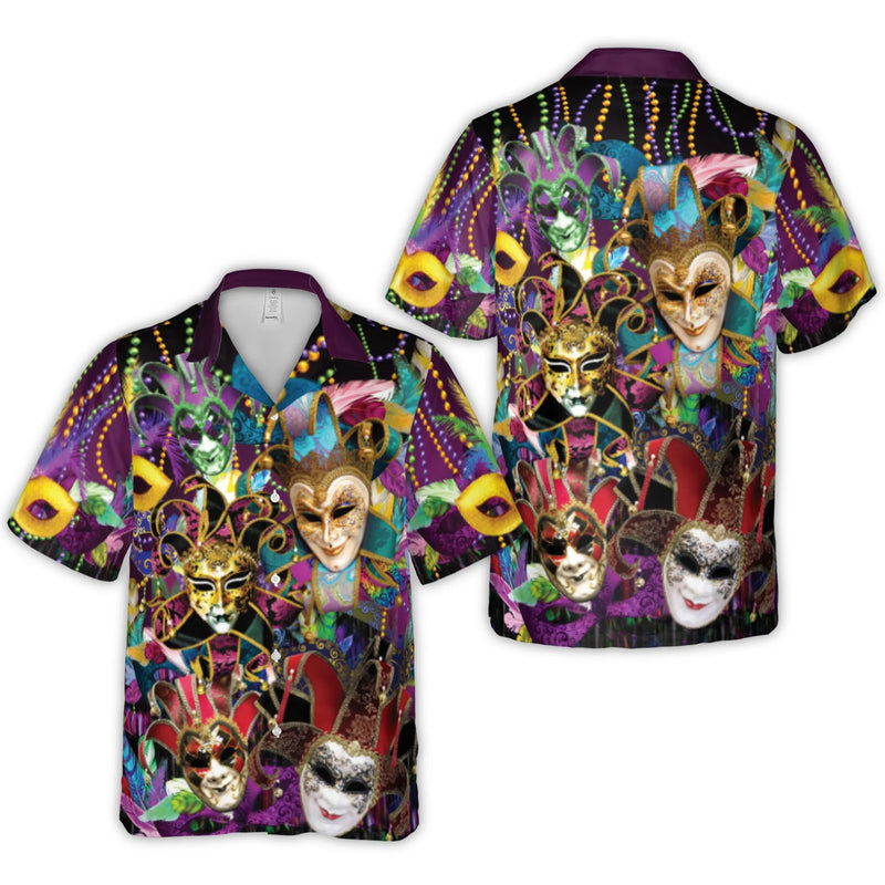 Mardi Gras Hawaiian Shirt | Venetian Mask Carnival Print | Lightweight Woven Polyester | Festival Party Outfit For Men And Women