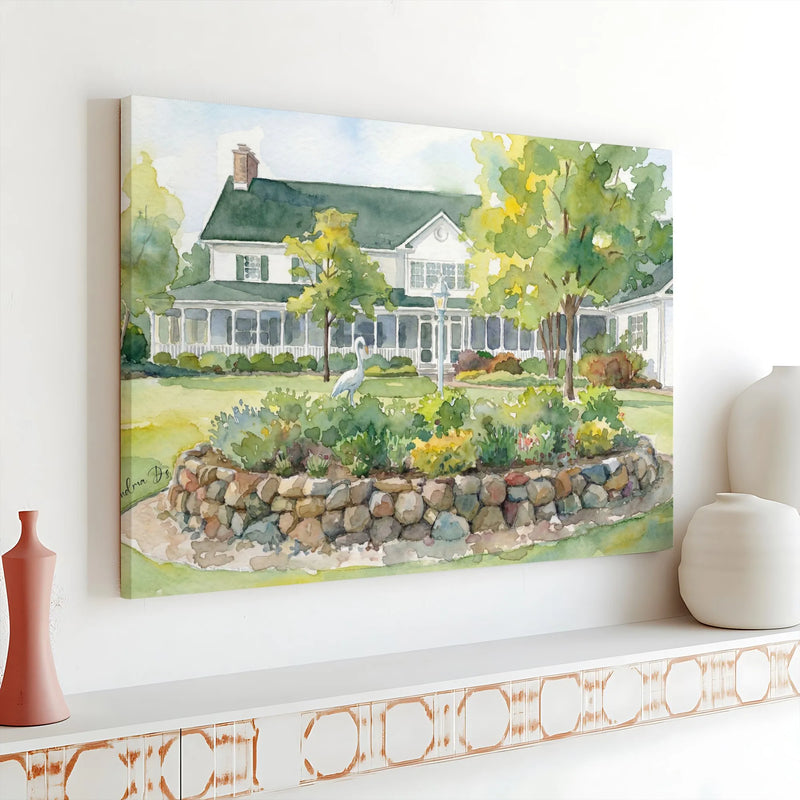Watercolor House Canvas Print | Charming Garden Cottage Wall Art | Gallery Wrapped Premium Canvas | Coastal Cottage Decor For Living Room