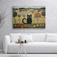 Folk Art Black Cat Canvas Print | Whimsical Rural Landscape Wall Decor | 1.25" Gallery Wrap | Premium Farmhouse Artwork for Cat Lovers