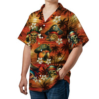 Pirate Hawaiian Shirt | Funny Cat Shark Parrot Tiki Mask Sunset Print | Wrinkle-Resistant Woven Polyester | Unique Beach Vacation Gift for Men