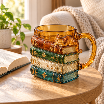 Book Stack Cat Mug
