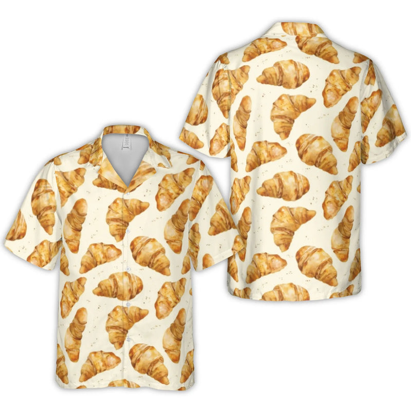 Croissant Hawaiian Shirt | All-Over Food Pattern | Lightweight Woven Polyester | Fun Tropical Beach Vacation Gift for Foodies