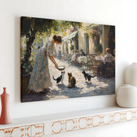 European Cafe Cat Painting | Impressionist Woman Feeding Kittens Art | Premium Gallery Wrap Canvas | Gift for Cat Lovers & Home Decor