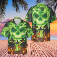 Halloween Hawaiian Shirt | Spooky Green Skull & Jack O' Lantern Print | Breathable Woven Polyester | Fun Men's Gift for October Holiday Parties