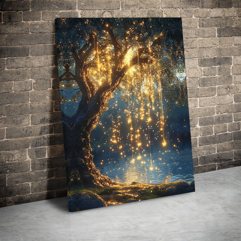 Magical Willow Tree Canvas Print | Enchanted Forest Fairy Lights Wall Art | Premium Gallery Wrap Decor | Dreamy Nature Aesthetic for Home Living Room