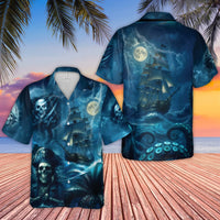 Pirate Skull Hawaiian Shirt | Kraken Stormy Sea Graphic Print | Lightweight Woven Polyester | Unique Summer Beach Gift for Men
