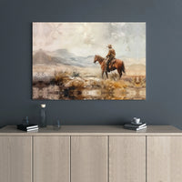 Western Cowboy Painting Canvas | Horseback Mountain Landscape Art | Premium Gallery Wrap Print | Rustic Home Decor Gift for Him