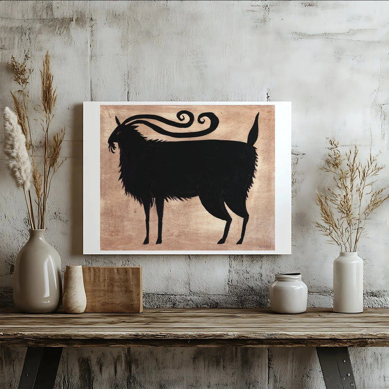 Black Goat Wall Art | Minimalist Stylized Folk Animal Print | 1.25 Inch Gallery Wrap Canvas | Unique Farmhouse Decor Gift
