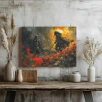 Knight Fantasy Wall Art | Epic Duel in Field of Red Poppies | Premium 1.25-Inch Gallery Wrap Canvas | Medieval Home Decor Gift