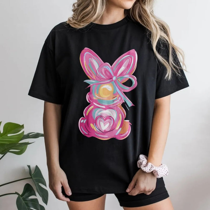 Easter Bunny T-Shirt | Abstract Watercolor Rabbit With Pink Bow | Premium 100% Cotton Tee | Spring Festival Gift For Women And Kids