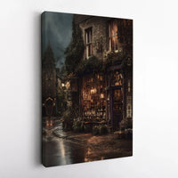 Magical Bookshop Canvas Wall Art | Rainy Old-World Street Scene | Premium Gallery Wrap Print | Whimsical Home Decor Gift
