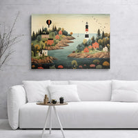 Coastal Village Canvas Wall Art | Folk Art Lighthouse Landscape with Hot Air Balloon | Premium 1.25” Gallery Wrap | Nautical Home Decor for Living Room