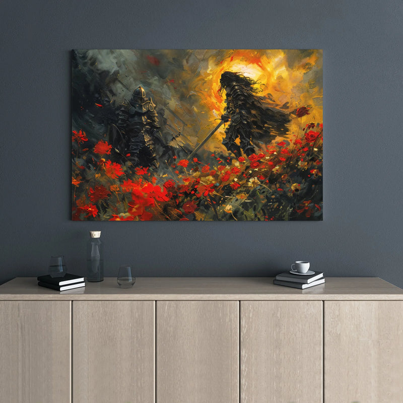 Knight Fantasy Wall Art | Epic Duel in Field of Red Poppies | Premium 1.25-Inch Gallery Wrap Canvas | Medieval Home Decor Gift