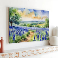 Watercolor Bluebonnet Landscape Canvas | Floral Meadow Art Print | 1.25 Inch Gallery Wrap | Nature-Inspired Home Decor Gift